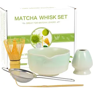 Matcha Whisk Set,   Set Includes Matcha Bowl with Spout,  Whisk, Ceramic Chasen Holder, Scoop, Sifter, 5 count Traditional  Making Kit for Matcha Lovers Christmas Gifts for Women Men