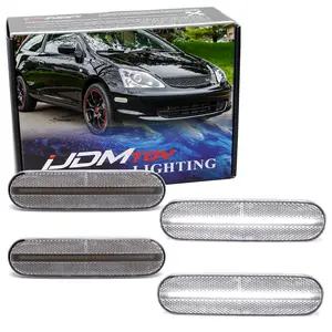 iJDMTOY 4pc Set Semi-Clear Lens All White Full LED Strip Front/Rear Side Marker Light Kit For 2002-2005 Honda Civic Si/SiR 3Dr Hatchback ONLY
