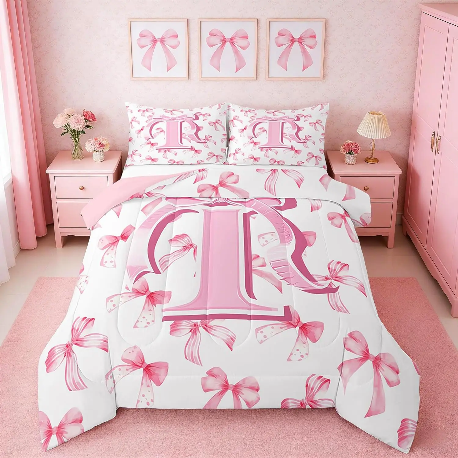 Kids Cute Pink Bow Comforter Set Monogrammed Bedding Set Ultra Soft Personalized Initial I Duvet Quilt Coquette Bow Knot Quilt Set Room Decor Modern Fashion Comforter