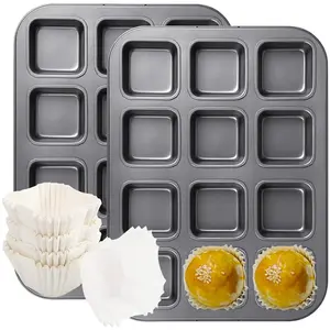 Baking Pans with Cupcake Liners Sets 2PCS All Edges Brownie Pans &100PCS White Cupcake Liners 12 Mini Cavity Non Stick Baking Carbon Steel Muffin Mold for Cup Cakes (Square)