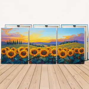 3 Counts Wooden Framed Canvas, Beautiful Sunflower Field At Sunset Images, Exquisite Poster, Perfect Living Room Decoration, Modern Art, Fashion Family Poster, Wall Art Decoration, Waterproof Art