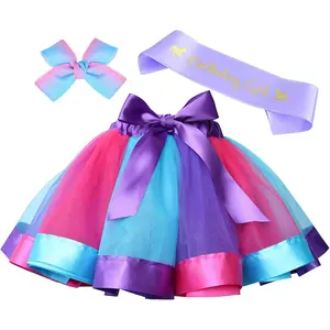 KF5-KC28   Layered Rainbow Tutu Skirt Costumes Set with Hair Bows Clips and Satin Sash for Girls Birthday Party Dress up (Purple/Blue/Rose Rainbow, L,4t~8t)