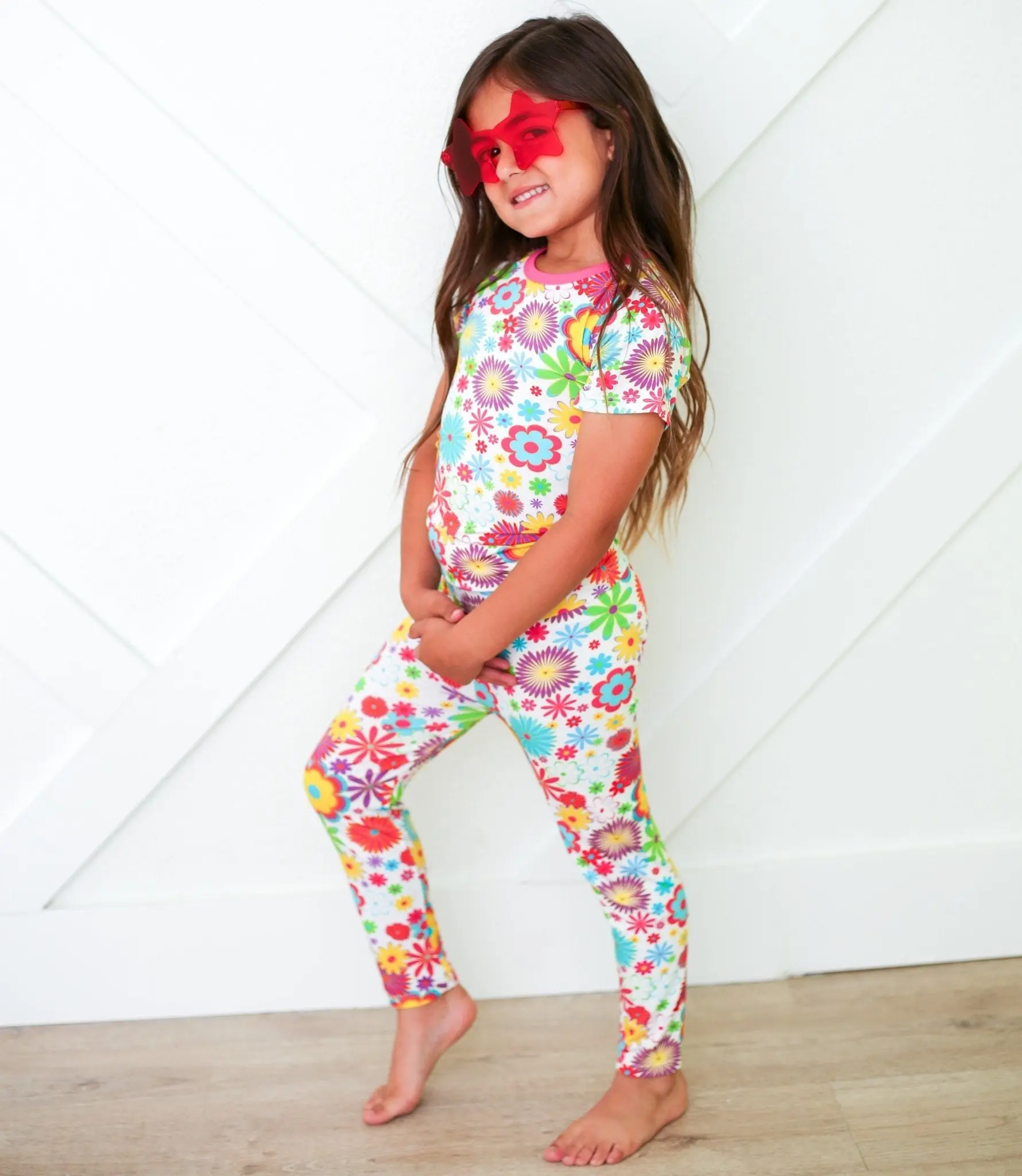 Bestaroo Groovy Bloom Bamboo Pajama Set - Short Sleeve Top & Pants, Soft Breathable 93% Bamboo/7% Spandex, Snug Fit, Not Flame Retardant