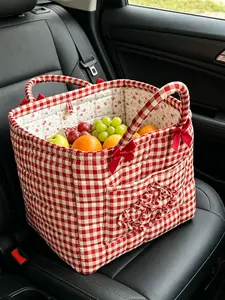 Red White Gingham Quilted Tote Bag with Bow & Ruffle Heart, Large Capacity Casual Cotton Handbag for Picnic, Travel & Daily Use, Checkered Pattern Bag