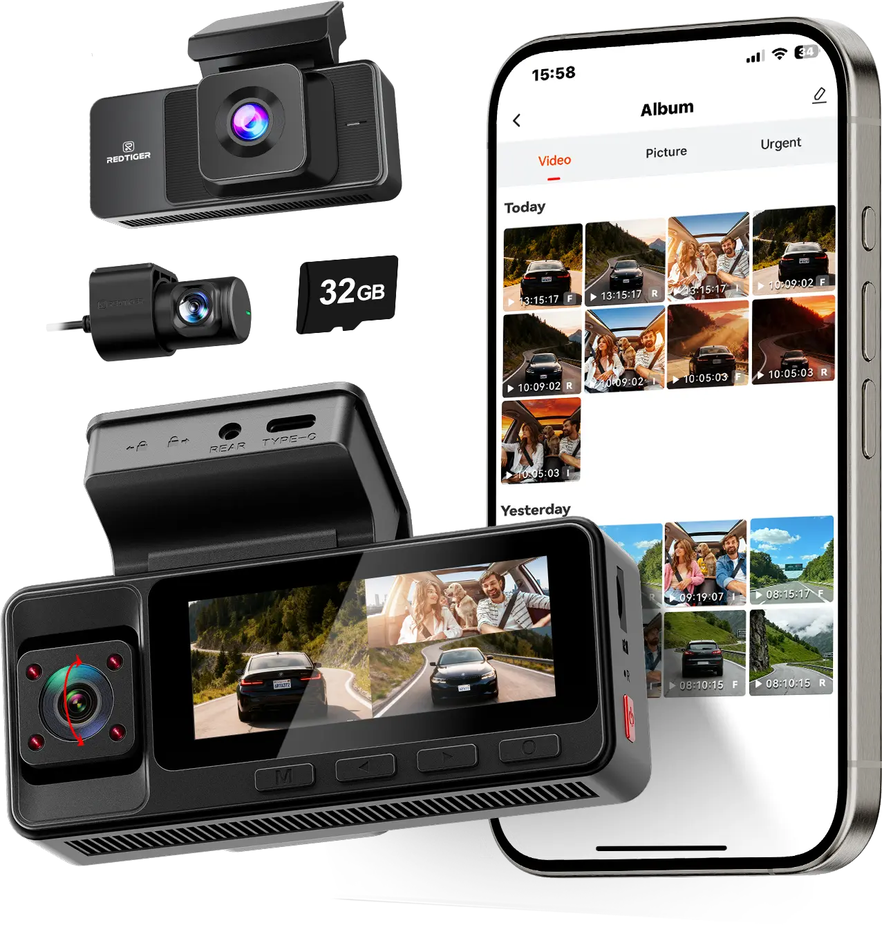 REDTIGER A3 3 Channel WiFi Dash Cam Front and Rear Inside with 32G SD Card( No SD Card Option In A Better Deal ), 2.5K+1080P+1080P Car Dash Camera for CarsFront and Rear, G-Sensor, 24H Parking Mode, Car rvibe, Car VLOG toolupgrade