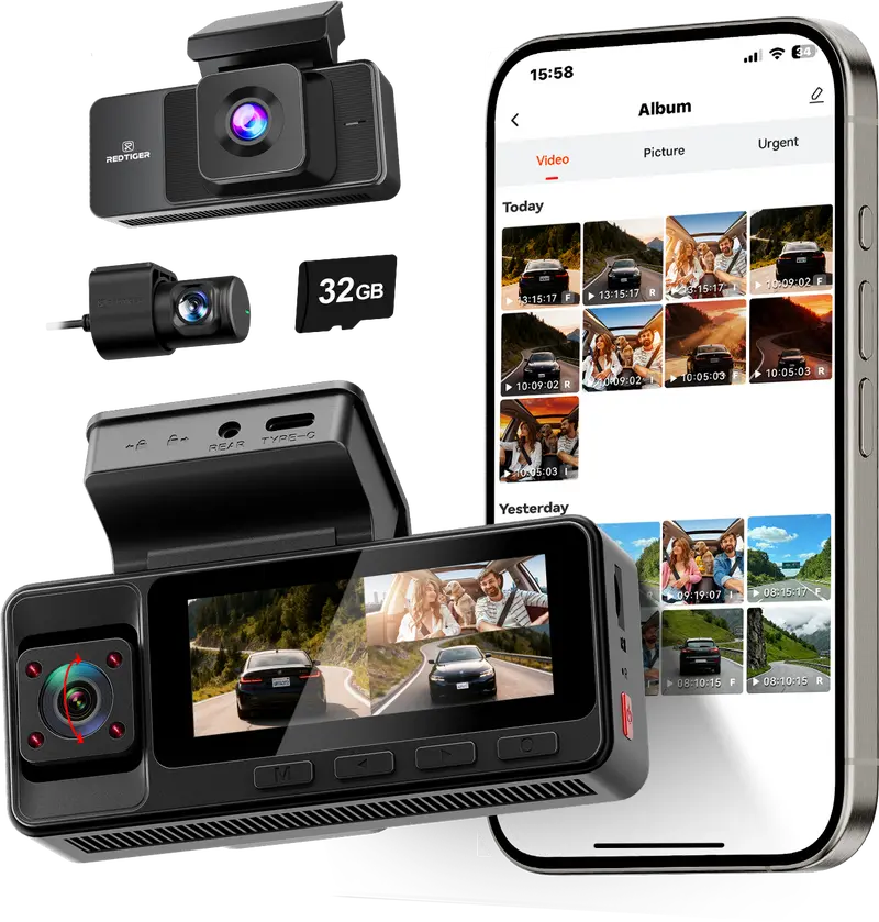 REDTIGER A3 3 Channel Dash Camera 32GB Card 2.5K+1080P+1080P IRCamera Wifi Dashcam HD Driving Recorder-Holiday Haul