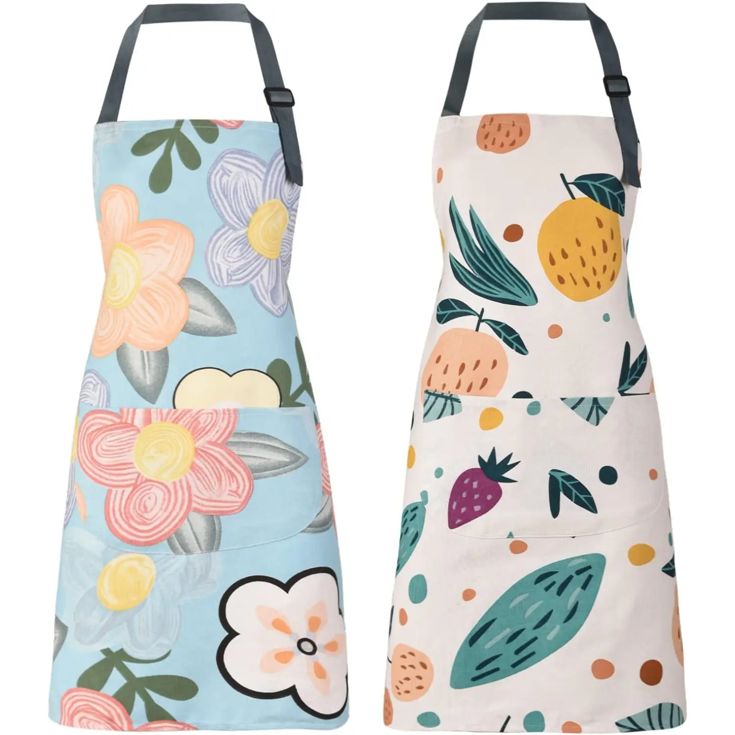 Women's 2-Pack Floral Lightweight Cotton Aprons with Pockets, Adjustable Strap Cloth Aprons for Kitchen Cooking, BBQ Gift
