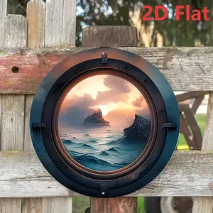1pc 8x8inch Aluminum Nautical Round Wall Art, Vintage Ocean View Porthole Decor, Sea Sunset Scenery, Boat Window Design for Home, Living Room, Coffee Shop, Office Decoration, Window Design Artistic Ornaments Photo Print
