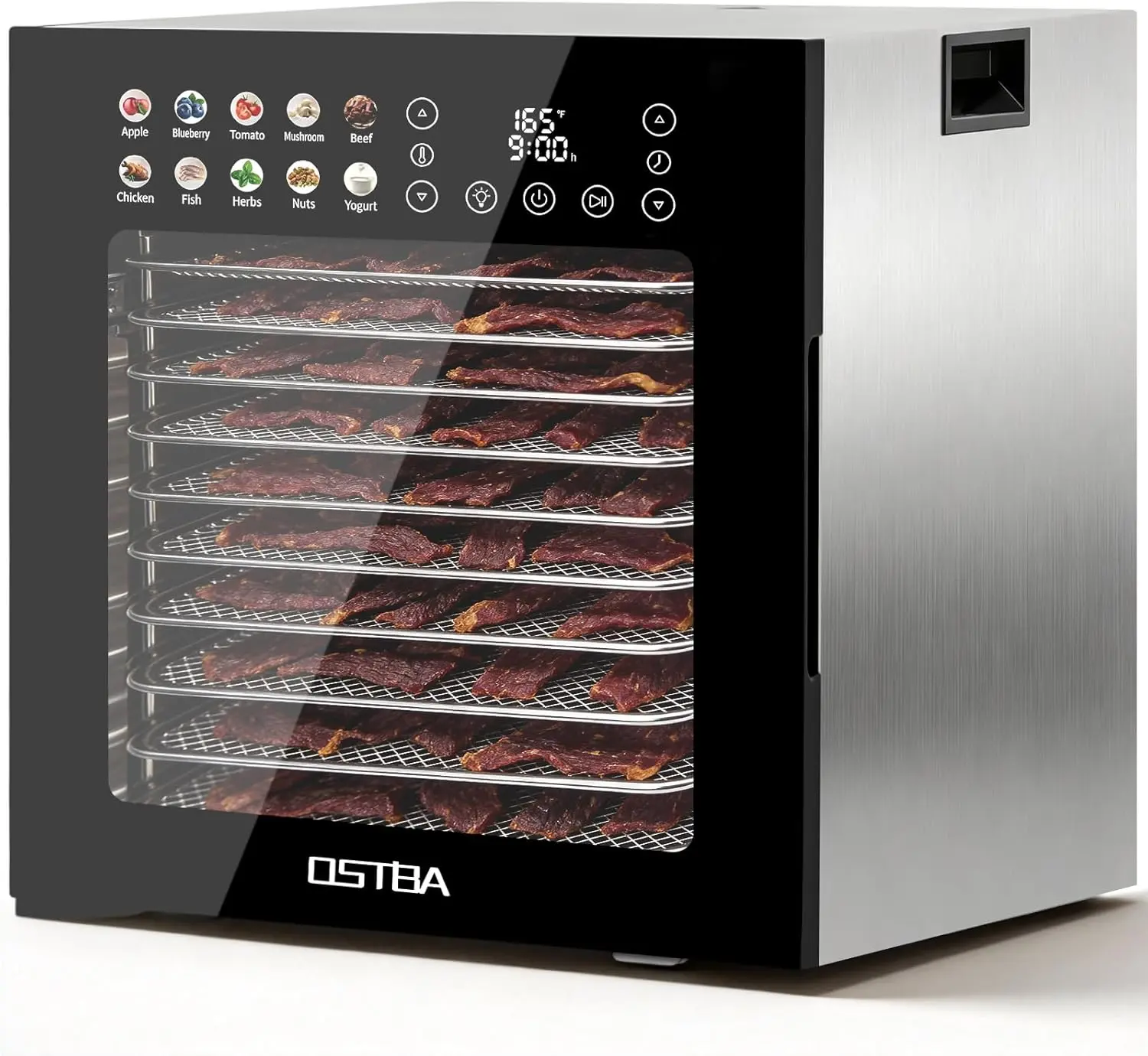 OSTBA 12-Tray Stainless Steel Food Dehydrator, 850W Commercial Food Dryer, 95–165℉ Temp Control, 48H Timer, 10 Presets for Fruit, Jerky and Herbs