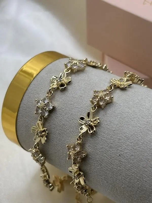 14k Gold Plated Flower Bracelet with Rhinestones for Women with Adjustable Sizing
