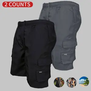 2 Counts Loose Fit Elastic Waist Cargo Shorts in Black & Gray with Pockets for 2 Counts Usage 2 Counts Loose Fit Elastic Waist Cargo Shorts in Black & Gray with Pockets for 2 Counts Usage