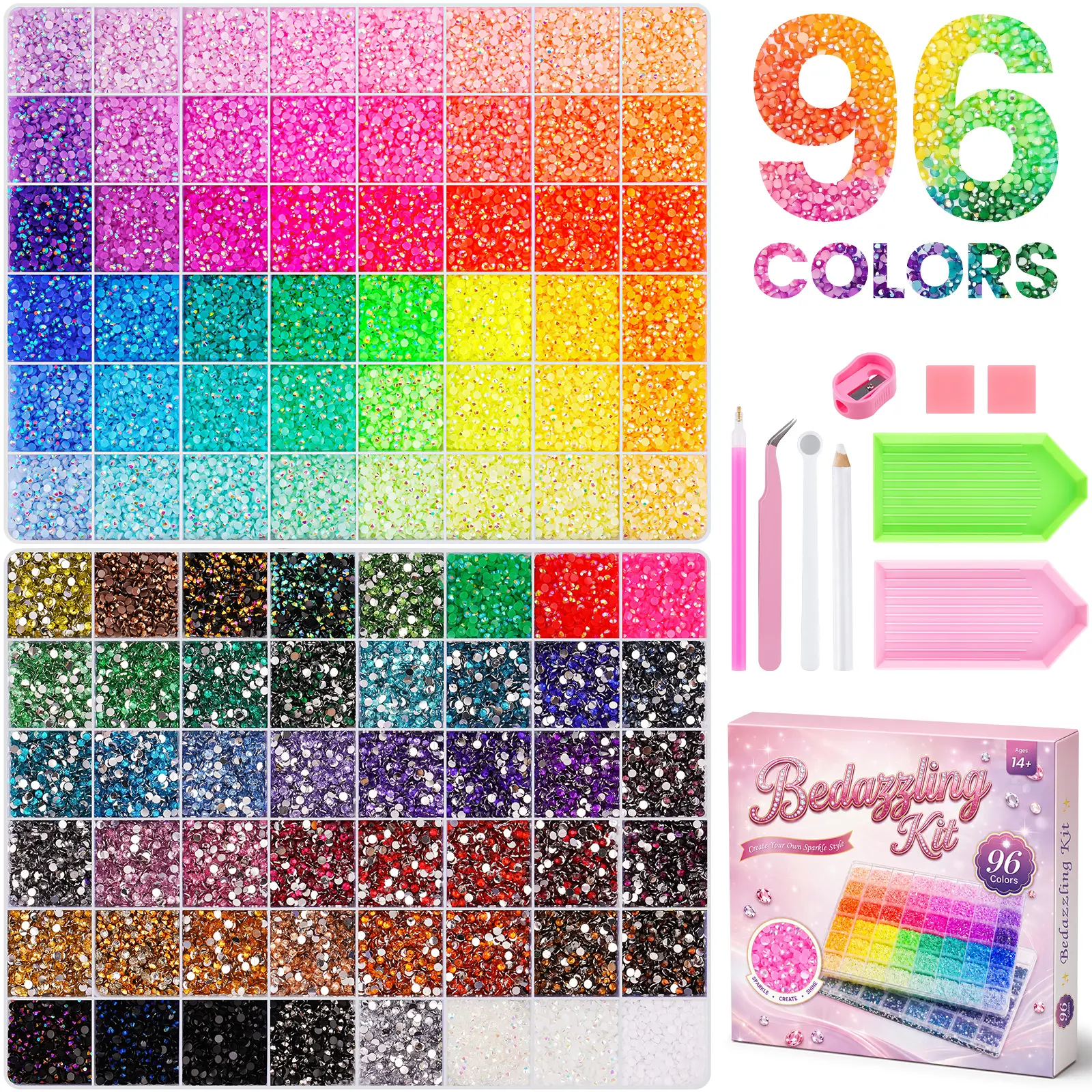 NiArt 96-Color 76800Pcs Bedazzling Kit with Rhinestones 3mm All-In-One Craft Kit with Tools, Ideal for Tumblers, Clothes, Phones & Nails, Comes in a Gift Box, Great Gift
