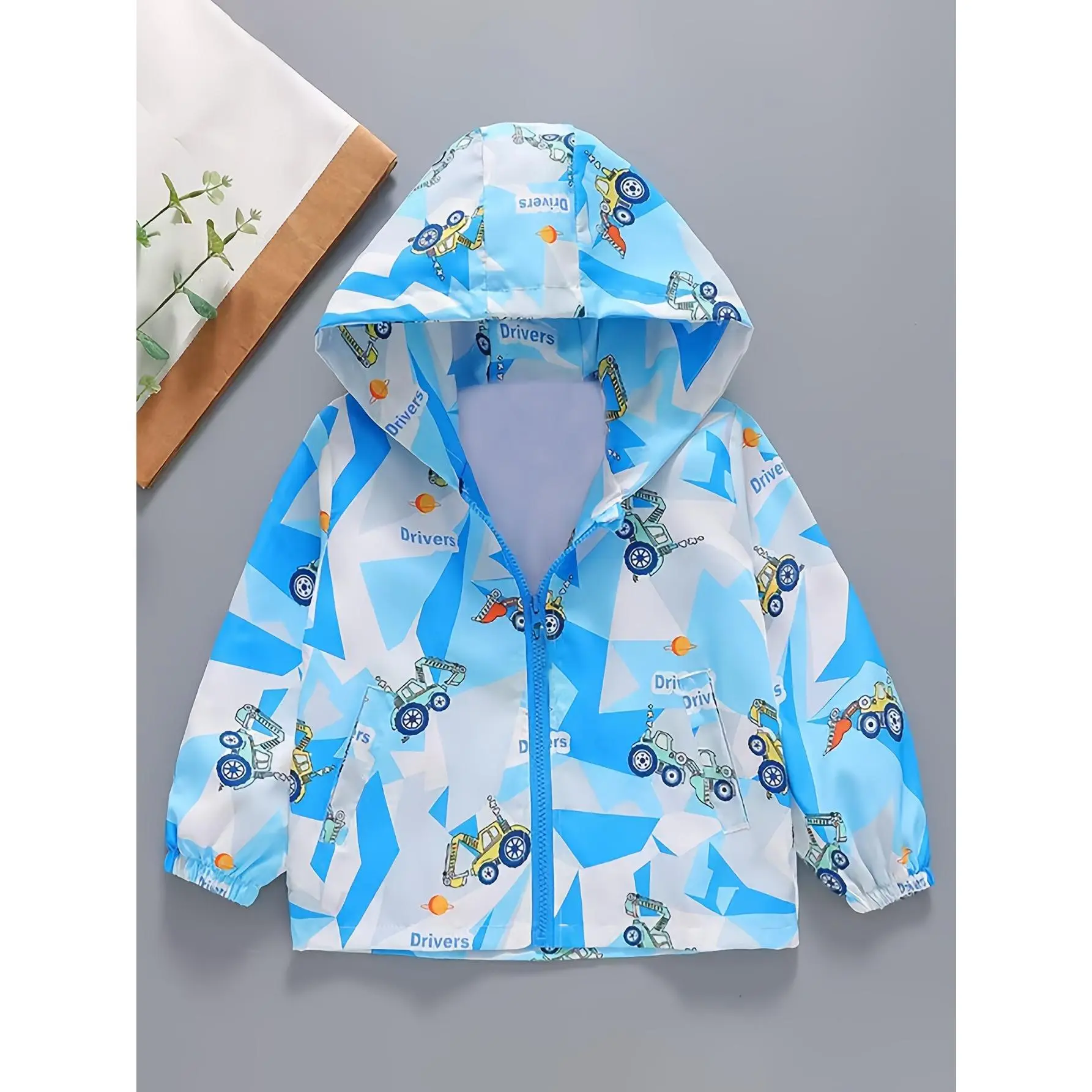 Boys' Color Block Polyester Windbreaker, Lightweight Hooded Long-Sleeve Jacket for Spring and Autumn