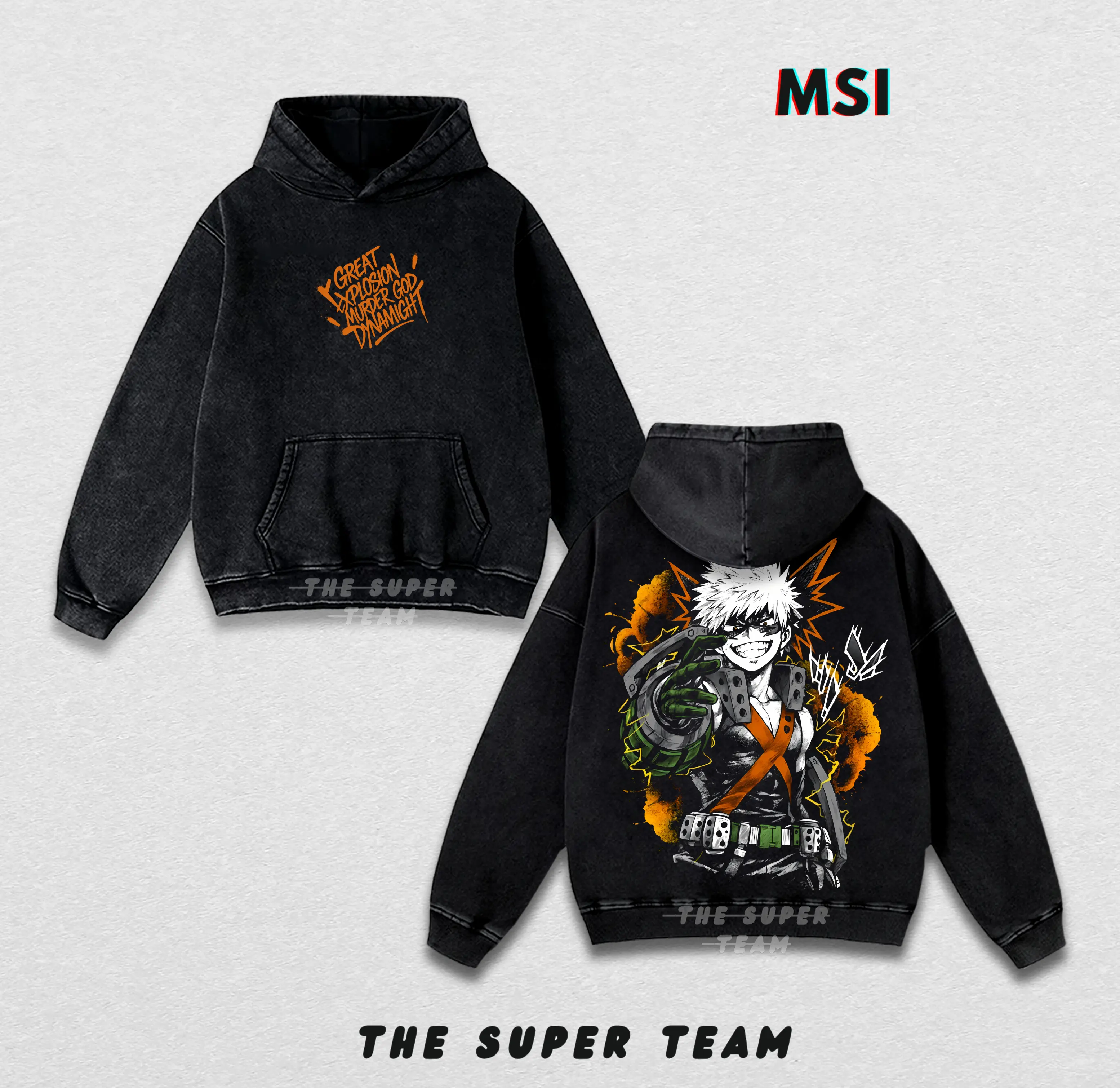 Bakugo Washed Hoodie, My Hero Academia Merch, Explosion Quirk Apparel, Vintage Washed Oversized Sweater, Dynamight Graphic, MHA Hero Fashion.