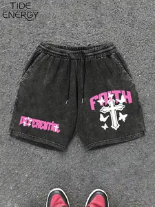 Men's Loose Fit Faith Cross Print Washed Shorts, Y2K Aesthetic Cotton Street Style, Casual Drawstring Pants for Fitness & Leisure