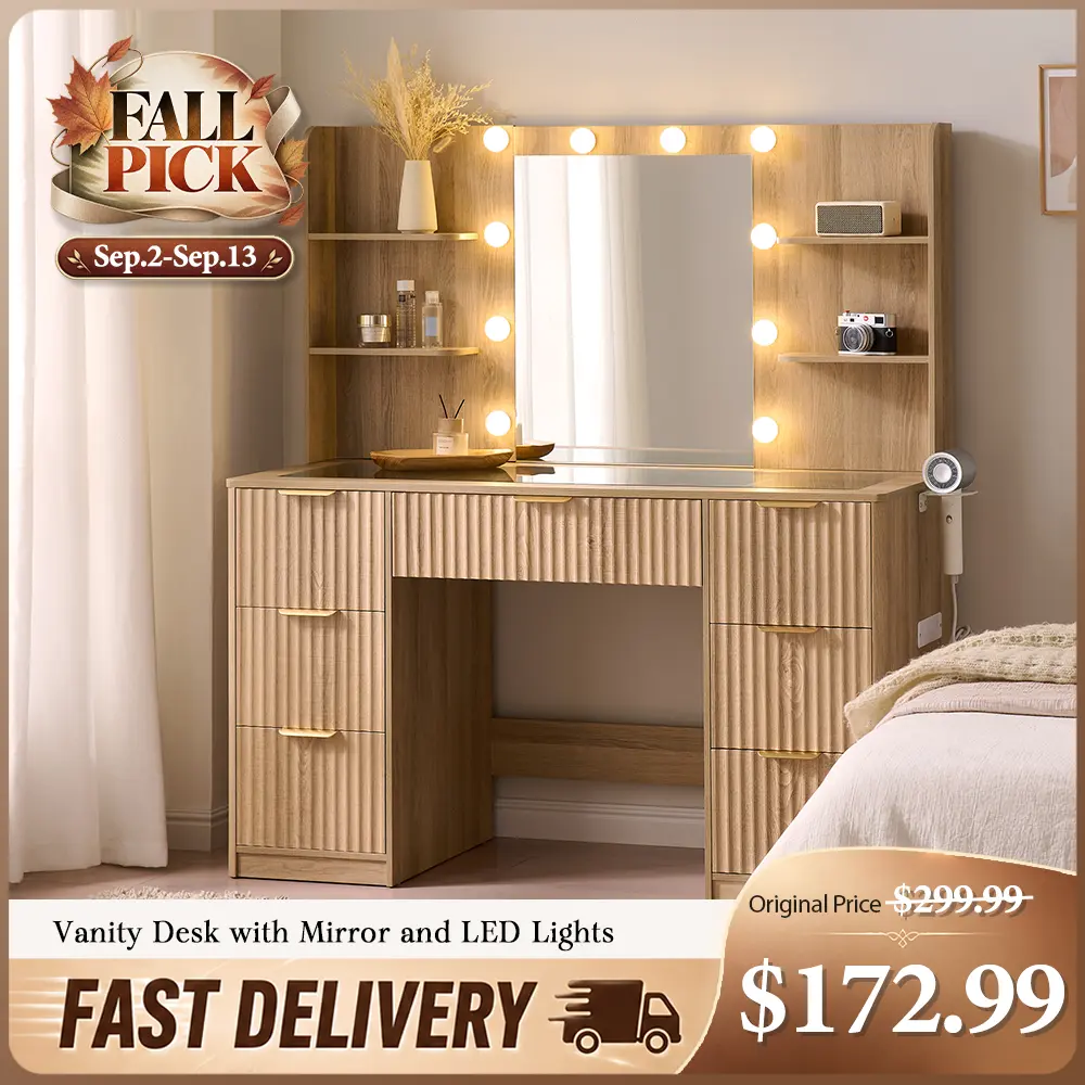 AMERLIFE 36.2/45"/47.2 Fluted Vanity Desk with Mirror and Adjustable LED Lights, Large 4/7 Drawers Makeup Table with Glass Top and Charging Station for Women and Girls, Bedroom or Dorm/Best Gift Ideas/Christmas Gifts[tiktokshopbacktoschool][SohoChic]