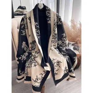 Women's Bamboo Pattern Double Sided Shawl, Casual Boho Style Soft Warm Tassel Decor Long Scarf for Fall & Winter, Fashion Accessories for Daily Wear