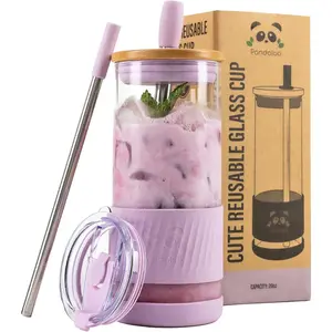 Glass Cups With Lids and Straws -20 Fl Oz- Perfect Size Iced Coffee Cup - Smoothie Cup With Bamboo Lid and On the go Lid - Glass Tumbler With Straw (1 Count (Pack of 1), Lilac Rhapsody)