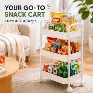 3-Tier Rolling Utility Cart with Wheels, Aesthetic Metal Mesh Mobile Storage Organizer for Kitchen, Dorm Room, Office, Makeup, Lash Tech, Nursery & Bathroom - White. Space Saving Home Organization Essential & Easy Assembly Shelving Unit.