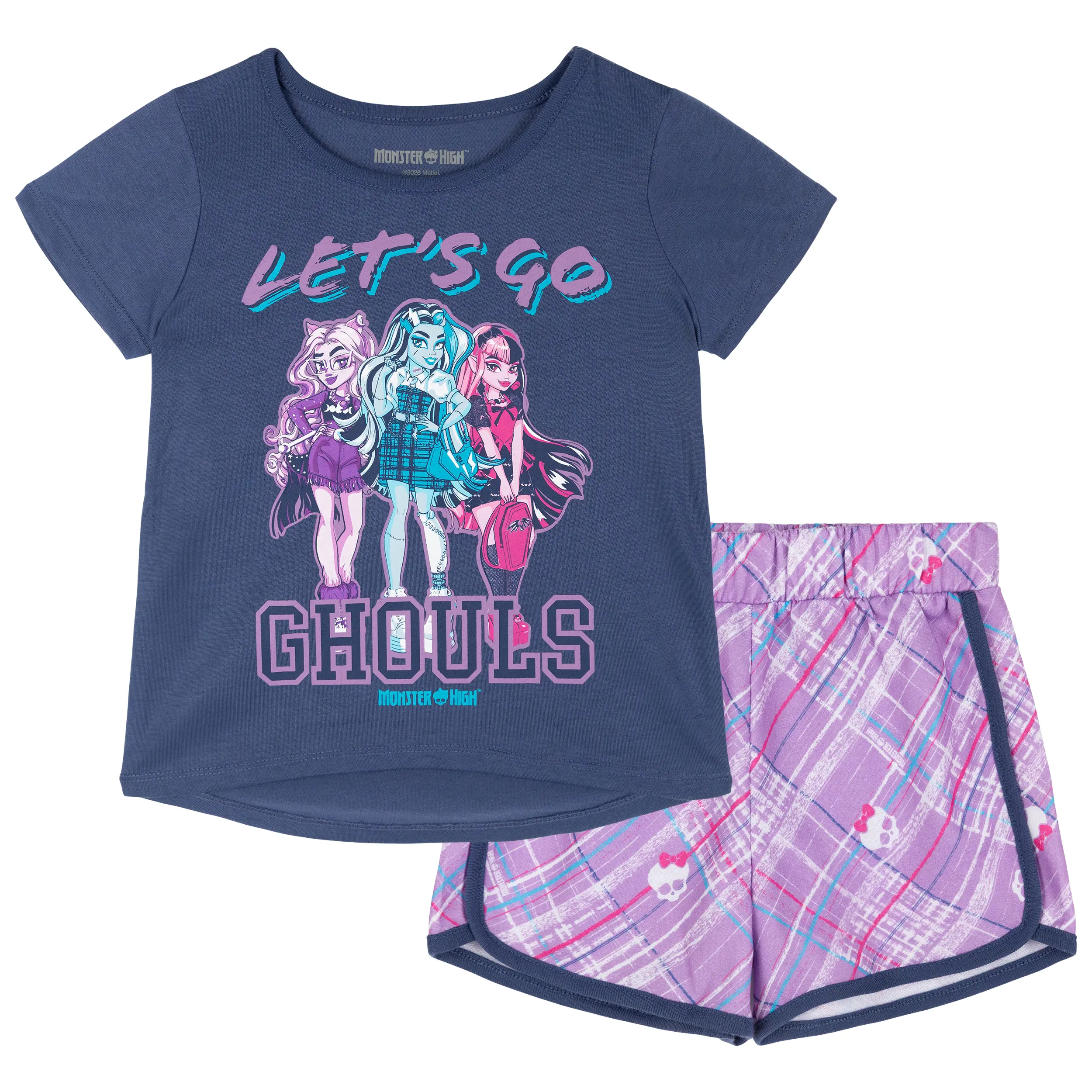 Monster High Girls' 2-Piece Casual Set, Short-Sleeve Graphic Print Round Neck Top & French Terry Shorts, Regular Fit with Plaid Accents, Slate Blue Lilac, Toddler to Big Kid, Casual Women's Set