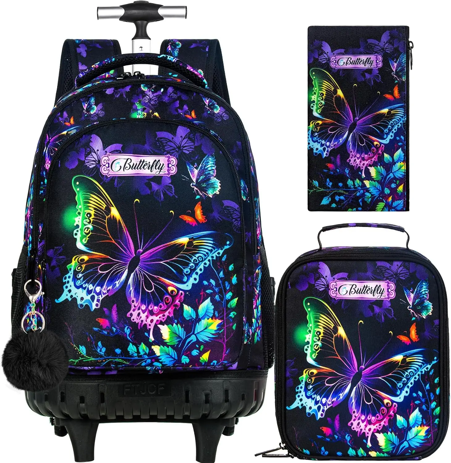 3PCS Rolling Backpack for Girls, Womens Butterfly School Backpacks with Wheels, Water Resistant Roller Kids Wheeled Bookbag Set with Lunch Box