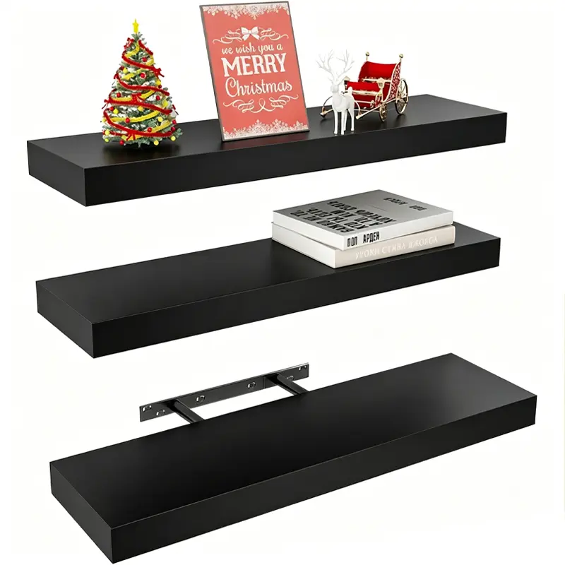 Modern Rustic Wood Floating Wall Shelves Set - Invisible Brackets, Heavy-Duty Wall-Mounted Organizer for Room Storage, Bathroom, Living Room
