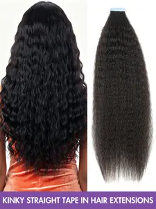 20pcs Tape in Hair Extensions, Human Hair Kinky Straight, Natural, 1b, 12-22 Inch, Seamless Double Sided Tape