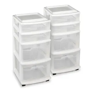 Homz Clear Plastic 4 Drawer Medium Storage Container Tower, White Frame (2 Pack)