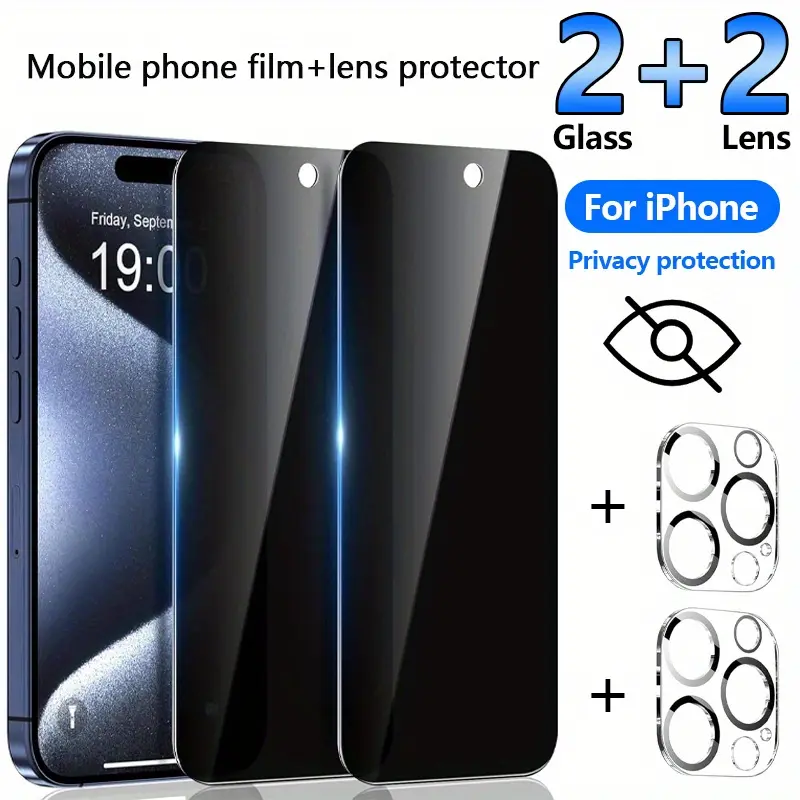 [2+2 Pack] iPhone 17/16/15/14/13/12/11 ProMax Privacy Screen Protector with CameraLens Protector Full Coverage Anti SpyTempered Glass Film 9H Hardness UpgradeEdge Protection Easy to Install No Bubbles, Accessories, Smartphone, Handheld