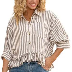 CHYRII Womens Summer Tops Dressy Casual Blouse Top Ruffled Short Sleeve Button Down Striped Shirt Black Elegant