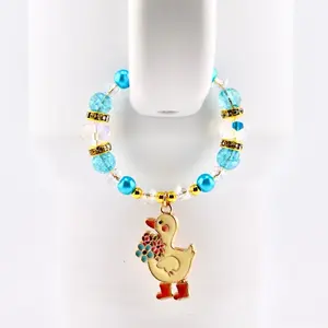 Silly Goose Tumbler Handle Charm Bracelet with Blue Beads and Gold Duck Pendant