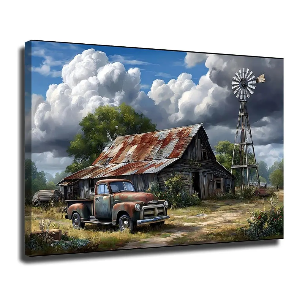 Rustic Farmhouse Scene Vintage Truck Old Barn Country Living Room Wall Decor Canvas Print Farmhouse Style Home Decor