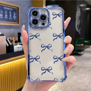 Girly iPhone Cases Simple blue bow pattern Phone Case For iPhone 16 15 14 13 12 11 Pro Max Plus Shockproof Transparent Cover Protector Casing Protector Protection
