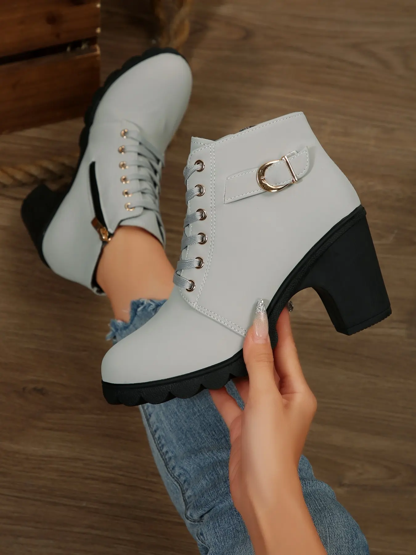 Women's High Heel Short Boots, Fashion Square Buckle Laces Chunky Thick Sole, Autumn Winter Comfort Warm Boots, Trendy Office Versatile PU Leather Boots, High Heeled Boots, Lace Up Boot, Block Heel Boots
