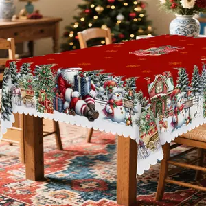 PLUMLIK Christmas Tablecloth with Santa Claus, Snowman, Christmas Cottage, " MERRY CHRISTMAS”, Christmas Decor 2025, Christmas Party Decoration for Home , Vintage Red Round Rectangular Table Cloth, Holiday Kitchen Festive Decor, Christmas Gifts
