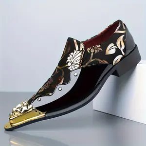 Men's Stylish Business Casual Shoes with Elegant Golden Patterns, Lace-Up, Low Heel, Unique Floral Design, And Pointed Metal Buckle