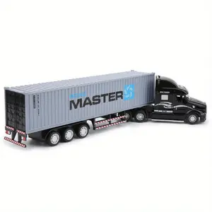 Real Alloy Container Truck Car Model with Sound and Light - Handmade Pull Back Vehicle Ornament (Black + Gray)