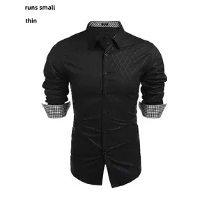 COOFANDY Men's Black Long Sleeve Slim Fit Dress Shirt - Premium Cotton Blend, Button Down, Contrast Plaid Collar & Cuffs, Dry Clean Only(Run Small)