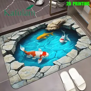 1pc 2D Carpet with Koi Fish Design | Flannel and Polyester, Machine Washable, Suitable for Bathroom, Bedroom, Living Room Entrance | Durable and Decorative Bath Mat