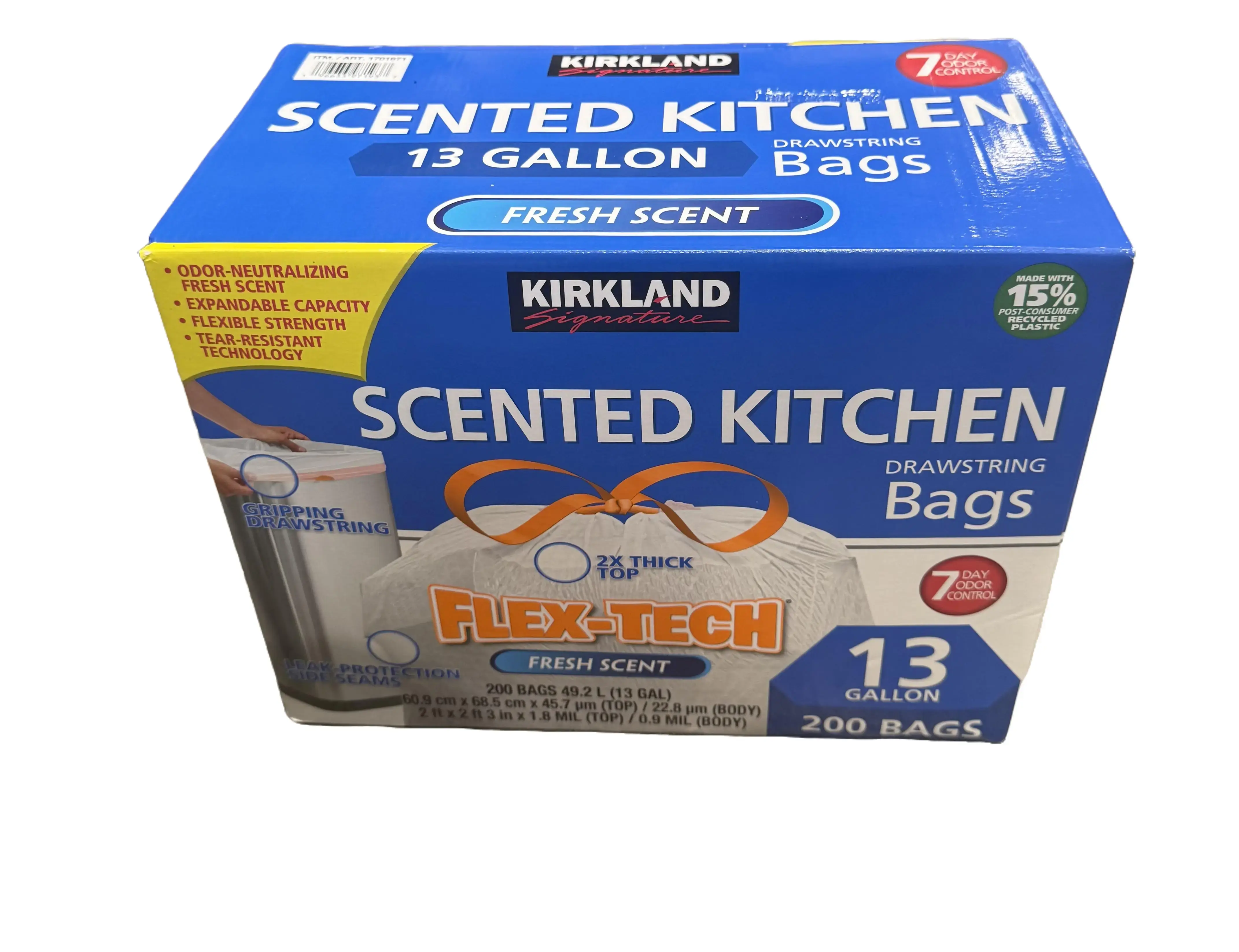 Kirkland Signature Flex-Tech Scented Kitchen Trash Bags, 13 Gallon, Fresh Scent, 200 ct