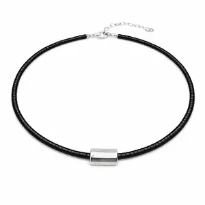 Heishi Matte Silver Barrel Necklace in BLACK