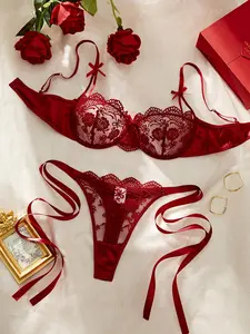 Women's Floral Embroidery Mesh Sexy Lingerie Set, Push Up Bra & Tie Side Thong Set, Soft Comfy Breathable Lingerie Set for Women, Bra Sets
