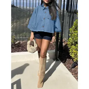 Womens Cropped Denim Jackets Casual Button Down Jean Shirt Shacket Loose 3/4 Sleeve Coat with Pockets