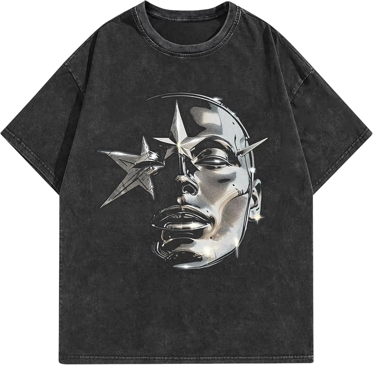 Abstract Art Fashion graphic tees, Vintage Distressed Acid‑Washed Wear‑Resistant 100% Cotton Metallic Surreal Face Graphic Oversized Drop‑Shoulder Short‑Sleeve Shirt