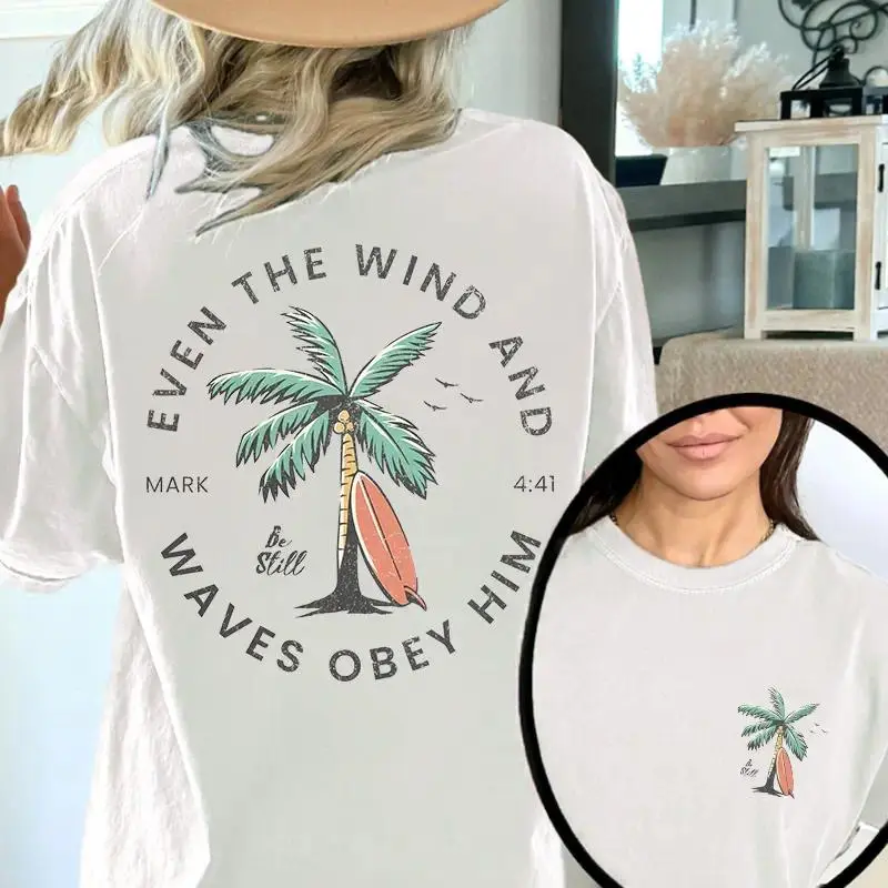 Tropical Christian Graphic T-Shirt with Bible Verse Backprint, Unisex Beachy Coconut Tree Top, Ocean Inspired Teen Baptism Gift