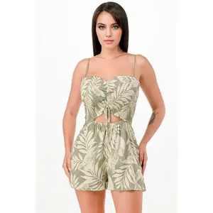 Smocked Leaf Print Romper