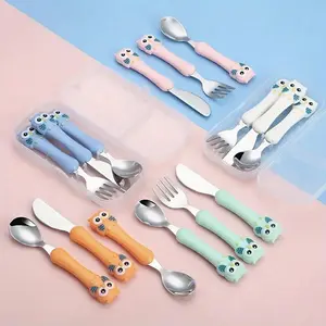 Cute Animal Design Baby Feeding Set, 3pcs/set Including Spoon & Fork & Knife, Baby Utensils Set, Household Tableware Set