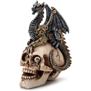Steampunk Metal-Like Dragon  Human Skull Statue,  Decoration Halloween Decorative Figurine, Gearwork Sculpture Gear Design Skeleton Cranium Figure