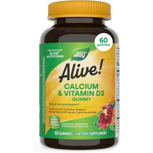 Nature’s Way Alive! Chewable Calcium Gummies with Vitamin D3, Daily Supplement Supports Healthy Bones and Teeth, and Muscle Function*, Strawberry and Raspberry-Lemonade Flavored, 60 Gummies