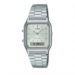 AQ230 Unisex Analog-Digital Watch, Vintage Retro Style, Silver Sunburst Dial, Dual Time, Stainless Steel Band, Water Resistant, Stopwatch & Alarm